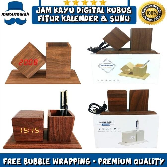 Jam Weker Alarm Led Wood, Watch Meja Digital Motif Kayu Tempat Pensil
