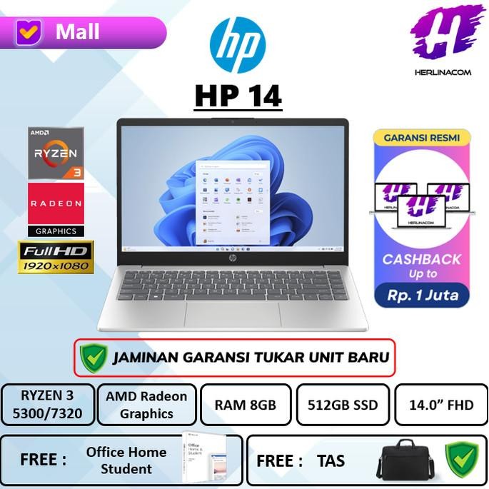 Hp 14 Amd Ryzen 3 5300U Ram 16Gb 512Gb Ssd Win 11 + Office Ori Full Hd