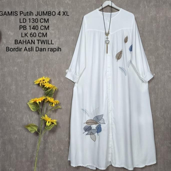 GAMIS PUTIH JUMBO LD 130 CM MODEL BORDIR KEKINIAN