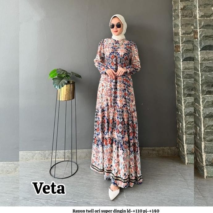 Baju Gamis Wanita Muslim Veta Dress Rayon Twil Twill Adem Nyaman Cantik Fashion Perempuan Dewasa Rem