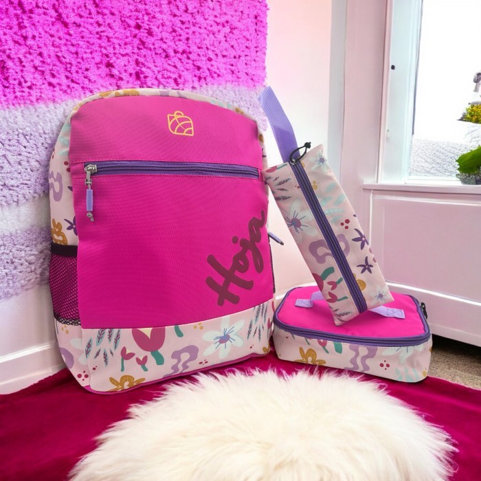 Tas Anak Lucu Motif HOJA Flowers Purple Backpack Bonus Lunch Box