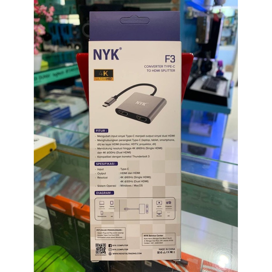 NYK Converter Type C to 2 HDMI Adapter USB C to Dual HDMI - F3