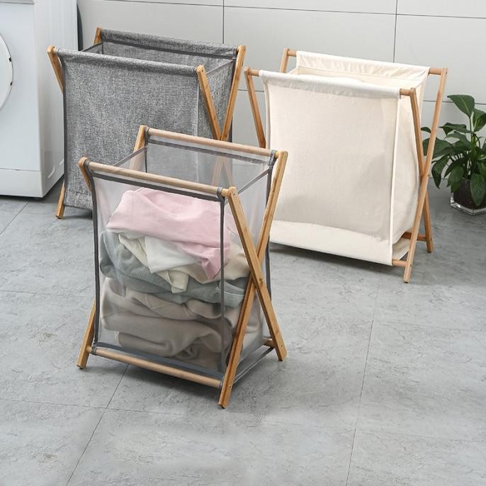 Keranjang Baju Kotor Lipat Tempat Cucian Pakaian Laundry Stand Kayu
