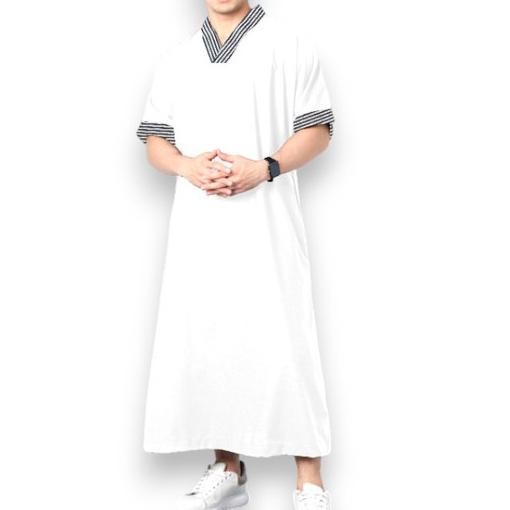 JUBAH GAMIS MAROKO PRIA DEWASA LENGAN PENDEK KERAH V BAHAN KATUN