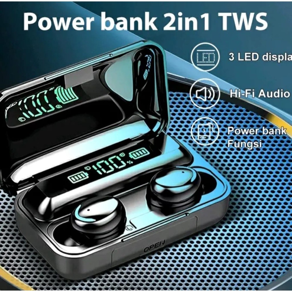 CUCI GUDANG F9-5 HEADSET BLUETOOTH WIRELESS TWS F9-5 LED + POWER BANK 3500 MAH
