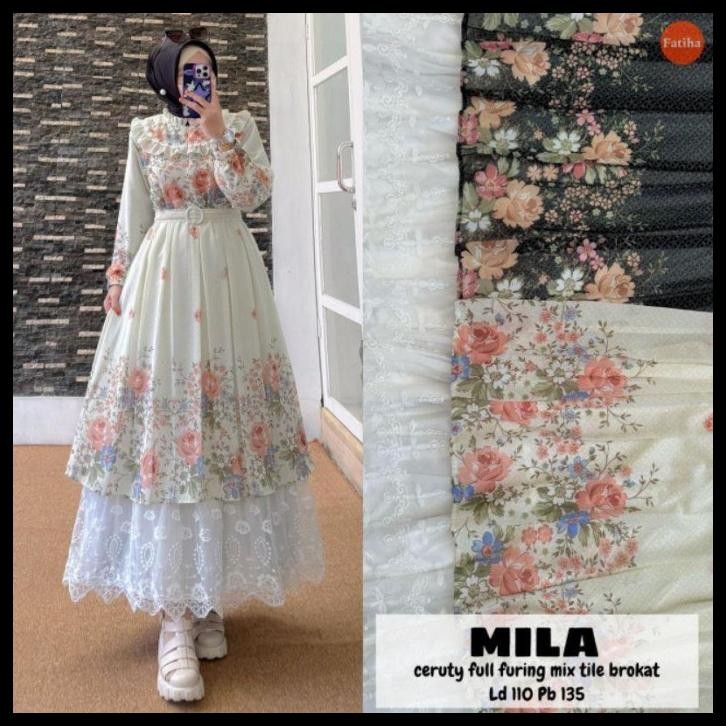 terbaru baju gamis wanita muslim mila dress ceruti brokat tile cantik fashion perempuan dewasa remaj