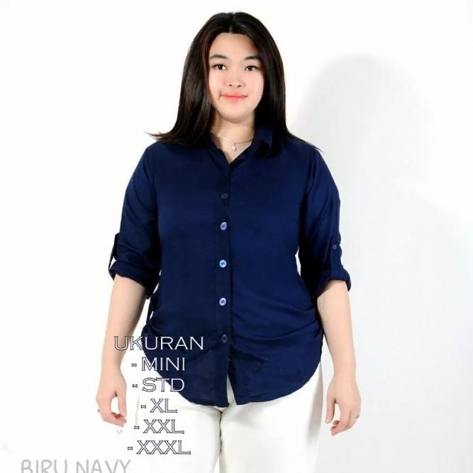 KEMEJA WANITA POLOS NAVY BIRU TUA KATUN RAYON ADEM LEMBUT SIZE M-XXXL