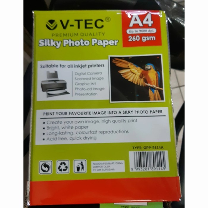 

SILKY PHOTO PAPER / KERTAS FOTO SILKY V-TEC 260 GR A4 (RCPP-9114A)