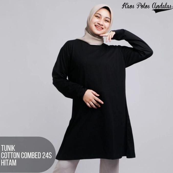 KAOS POLOS TUNIK UNTUK MUSLIMAH BAHAN KATUN COMBED 24S WARNA HITAM