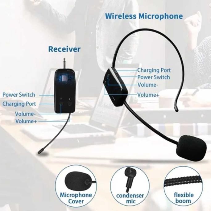 Mic Wireless Microphone 2.4G Headset Bando 2 Mic Rechargeable