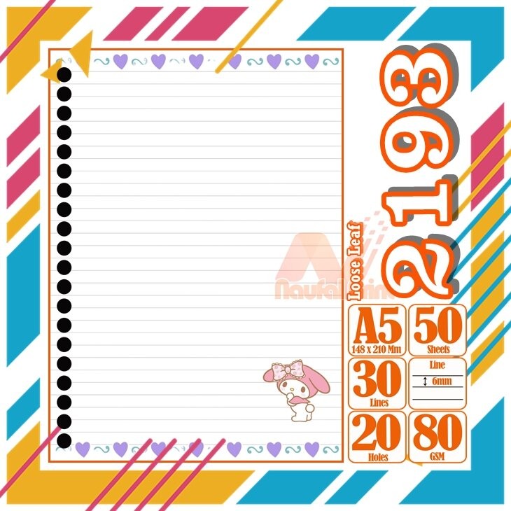

Kertas Binder A5 Loose Leaf Polos putih Karakter Hello Kitty My Melody Cute Anime Lucu Love Pink Cewe Isi 50 Lembar Vol 7