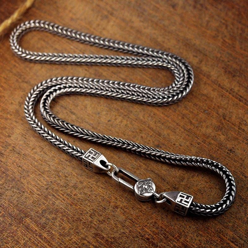 S925Sterling Silver Fox Tail Italian Imported Necklace Thai Silver Men's Retro Fashionable Man Simpl