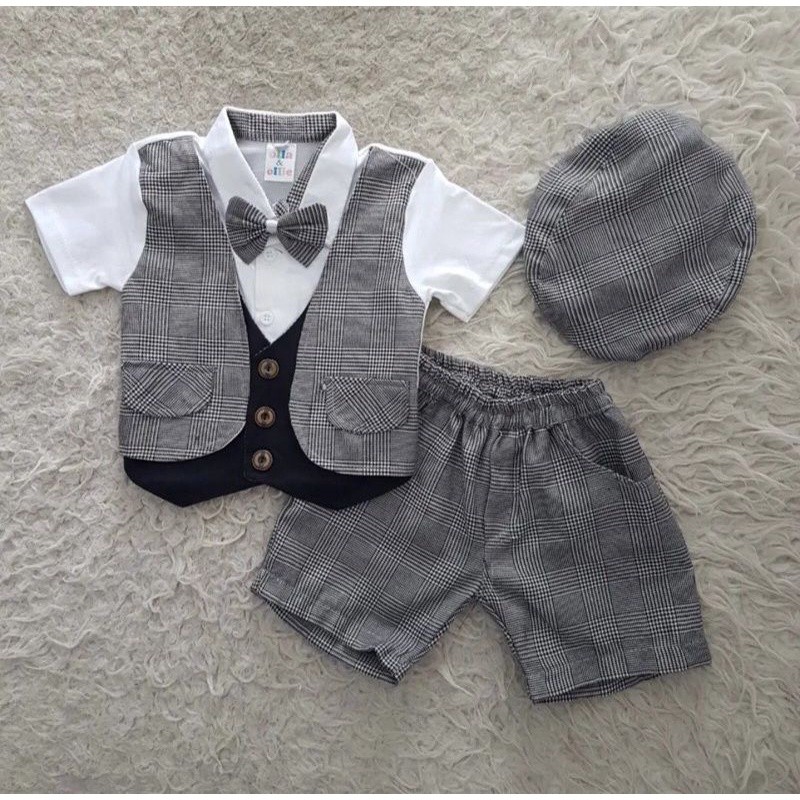 Baju Bayi Laki Laki Rompi 6 12 Bulan Tuxedo Set Topi Dasi Kostum Bayi cowok Kemeja