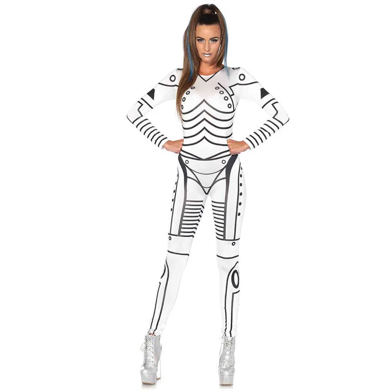 Women Sexy Black White Punk Jumpsuit Futuristic Mechanical Bodysuit Halloween Cosplay Catsuit Festiv