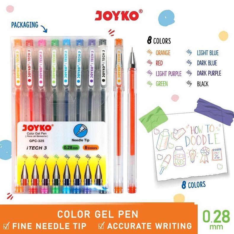 

h-4 Color Gel Pen GPC-325 iTech3 Pulpen Pena Joyko 1 Set 8 Warna 0.28 mm Termurah