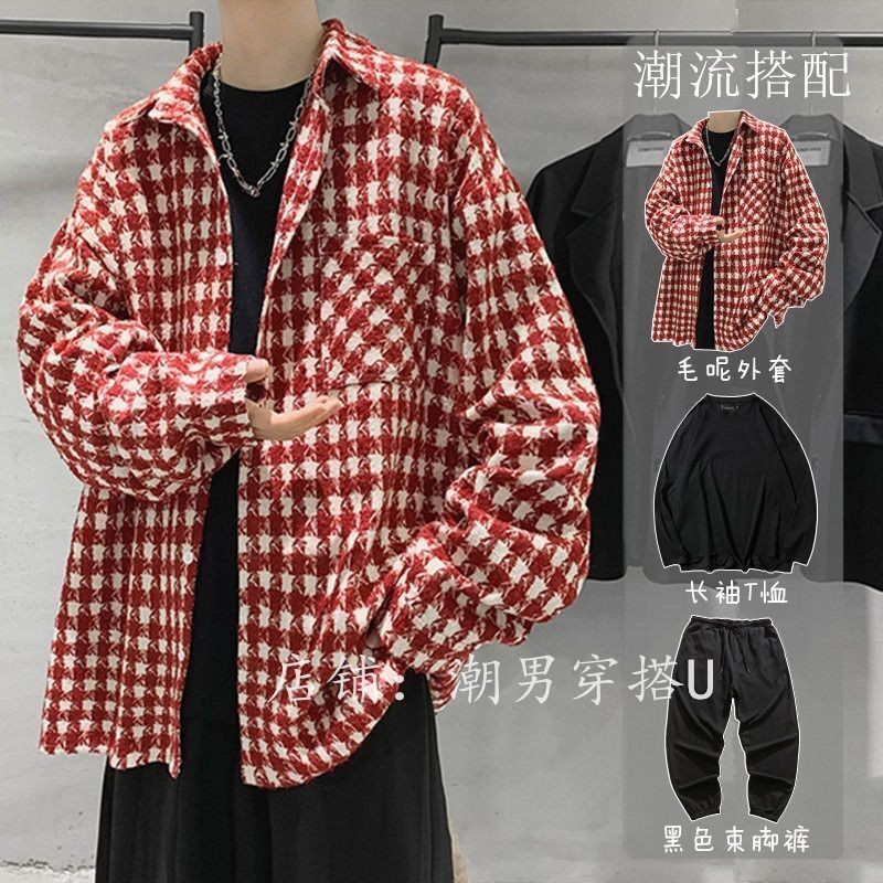 Mantel Jaket Wol Pria Lengan Panjang Kemeja Kotak-kotak Pakaian