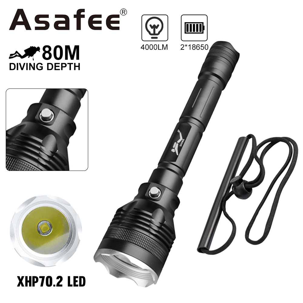 Asafee FL027D Senter Selam 4000LM XHP70.2 LED IPX8 Tahan Air Bawah Air 80 Meter Lampu Senter Scuba P