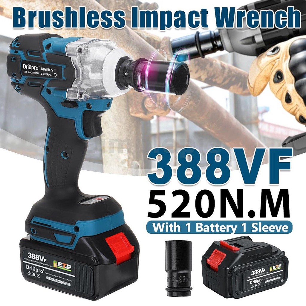 520N.M 1/2 Inci Drillpro Kunci Pas Elektrik Tanpa Kabel Tanpa Sikat Kunci Impact Kit Driver Bor Rive