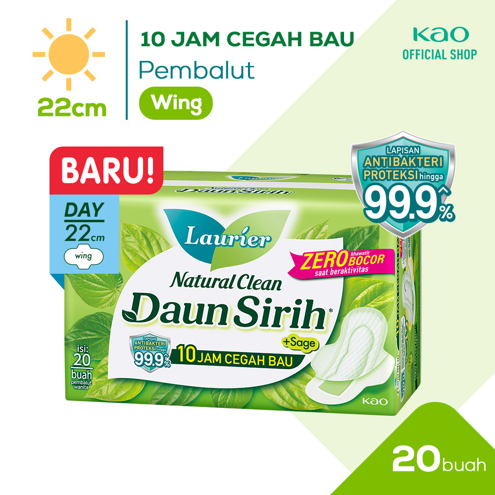 Laurier Natural Clean Pembalut Wanita Daun Sirih Anti Bakteri Day 22cm Wing - Bersih Alami Cegah Bau