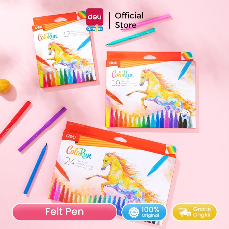 

Deli Felt Pen / Spidol Mewarnai 12/18/24 Warna Bullet Tip 1.0 mm Non-Toxic Mudah Dicuci EC100X0