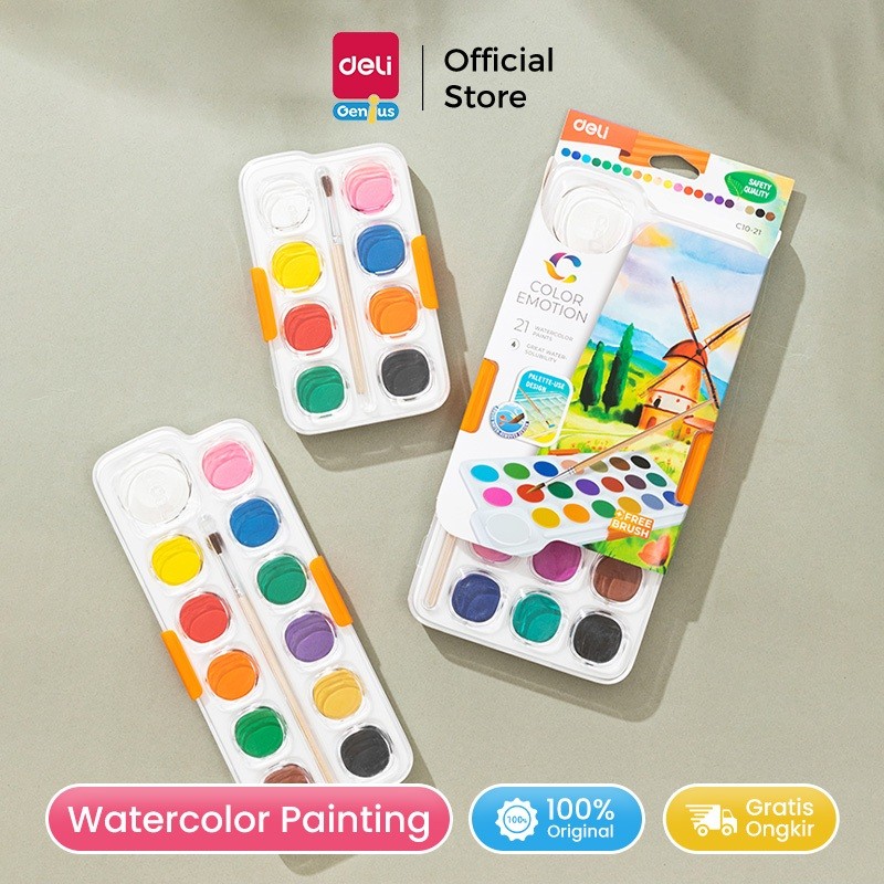 

Deli Watercolor Paint / Cat Air Padat 8/12/21 Warna Gratis Kuas EC10