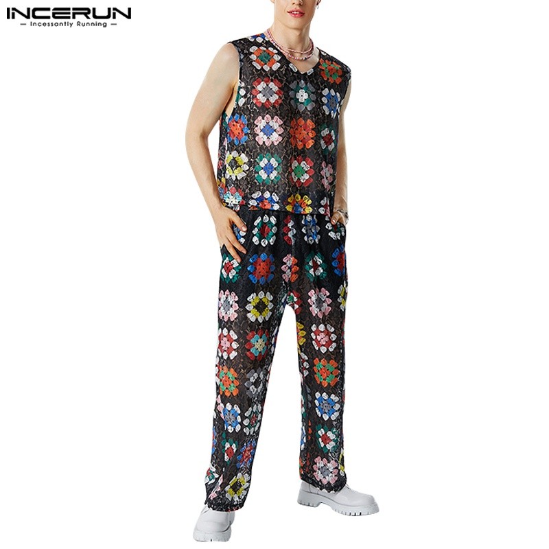 INCERUN Setelan Kasual Celana Pinggang Elastis Tank Mikro Transparan Cetak Renda Jendela Antik Pria 