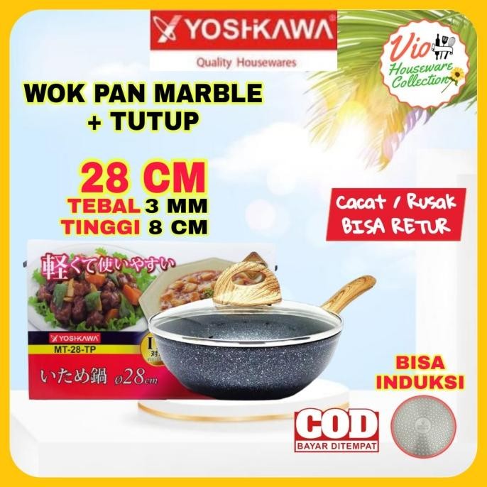 Yoshikawa Wajan Teflon Teplon Keramik Anti Lengket + Tutup Kaca 28Cm