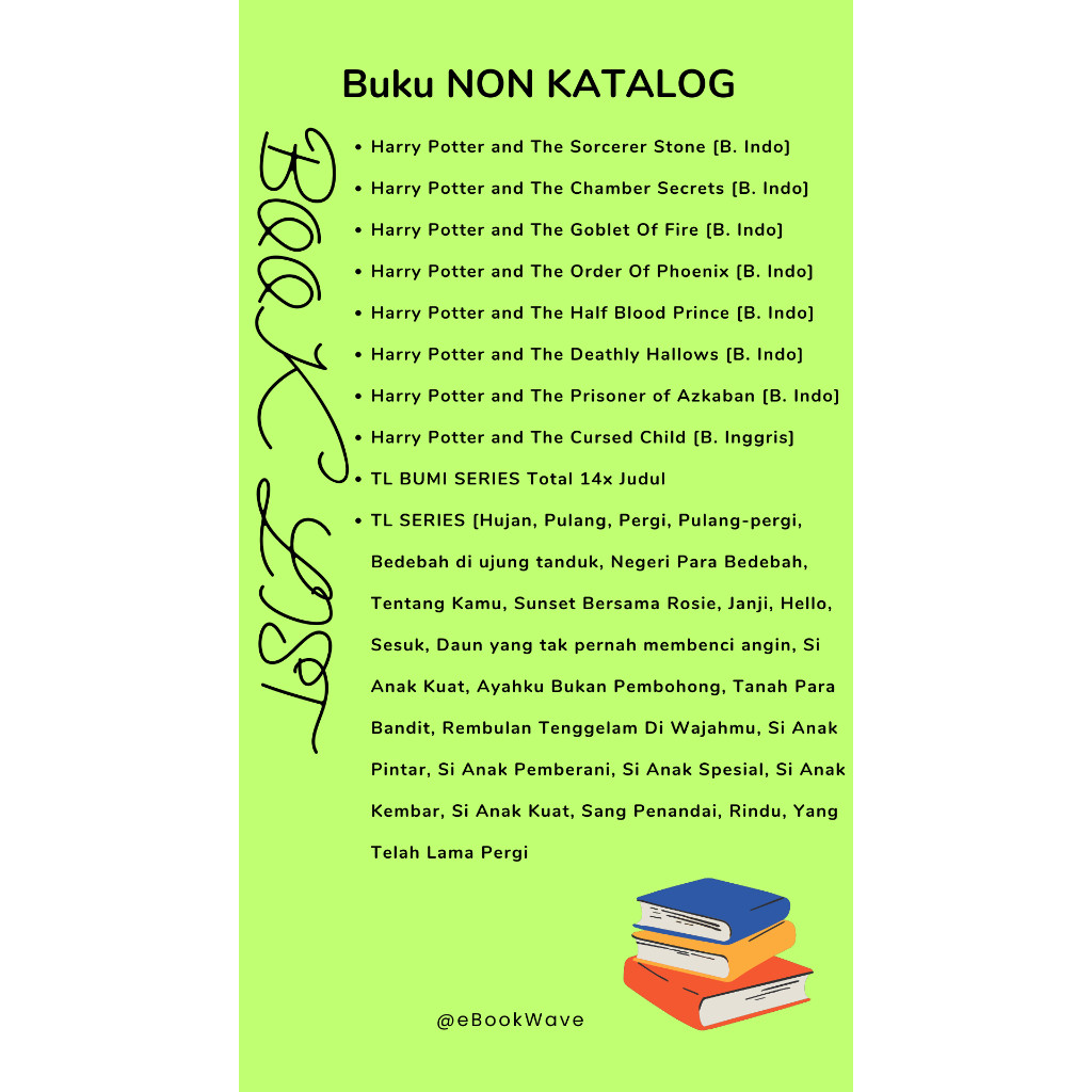 

Buku Non Katalog (Silahkan CO sesuai Quantity yang diingikan) Tulis judulnya di Notes