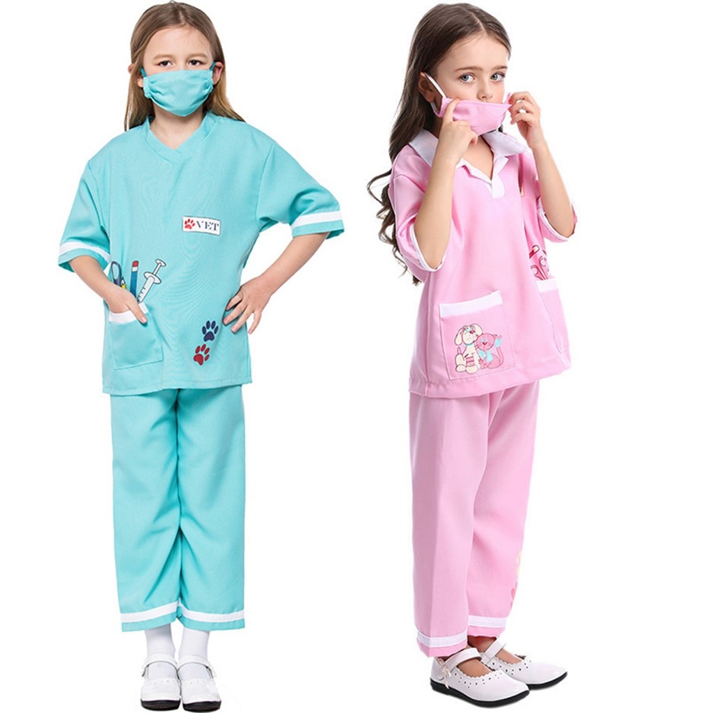 Lolanta Kostum Dokter Anak Perempuan Gaun Mewah Dokter Hewan Cosplay Karakter Sekolah dengan Masker 