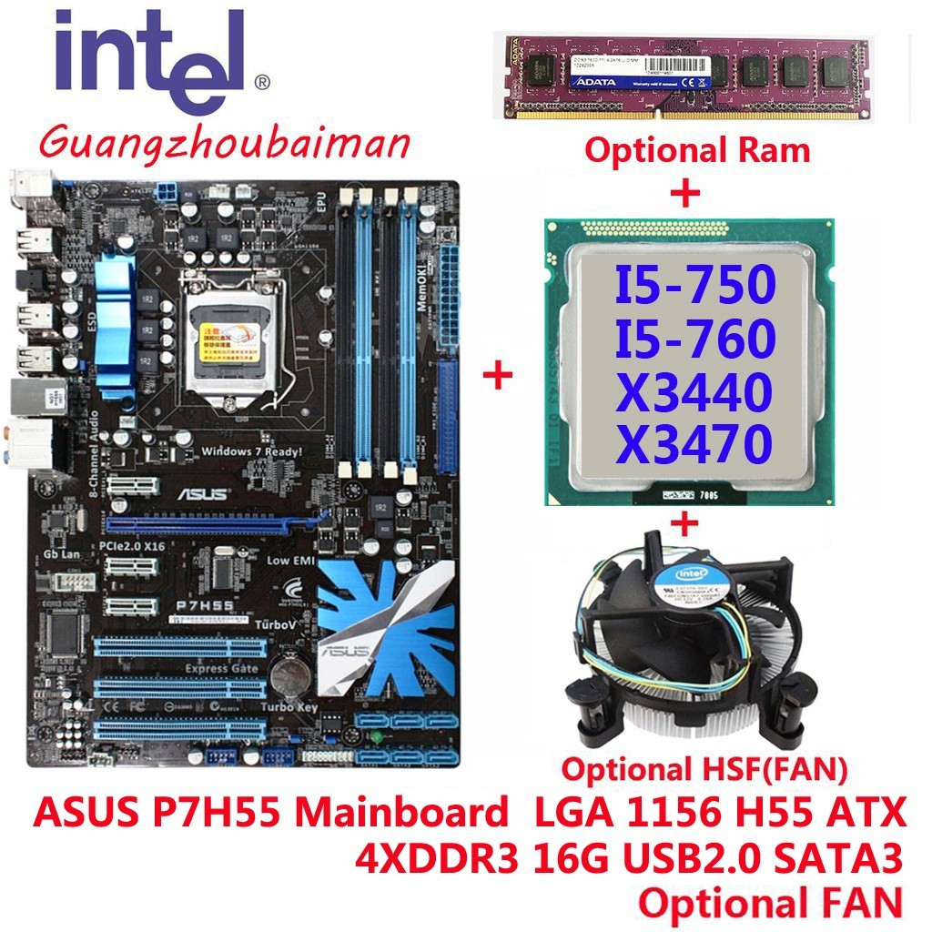 Motherboard ASUS P7H55 bekas LGA 1156 H55 DDR3 ATX + Prosesor LGA 1156 i5 760 CPU + Memori RAM DDR3 