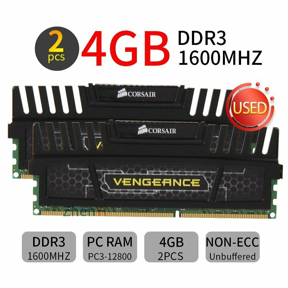 Kit 8GB Bekas (2x 4GB) Corsair Vengeance DDR3 1600MHz PC3-12800U CL9 DIMM RAM Hitam Upgrade komputer
