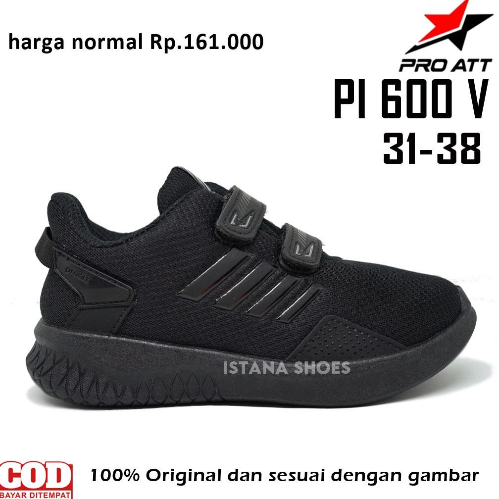 rq-56 Sepatu Sekolah Anak Laki Laki Cowok Perempuan TK SD SMP Full Hitam Sneakers Casual Perekat PRO