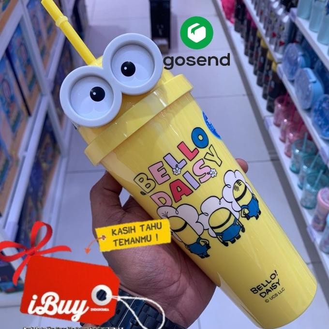 IBUY MINISO MINION BOTOL AIR MINUM TUMBLER PLASTIK WITH 3D EYES KEVIN BOB BELLO DAISY SEDOTAN STRAW 