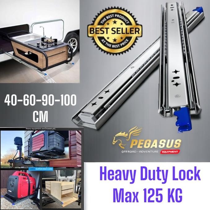 TERMURAH - Heavy Duty Drawer Slide With Lock  Rel Laci kunci 40 60 90 100cm 125kg