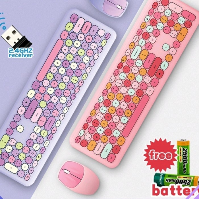 Keyboard Mouse Wireless Retro Tombol Bulat Tuts Cute Pink PC Laptop HP