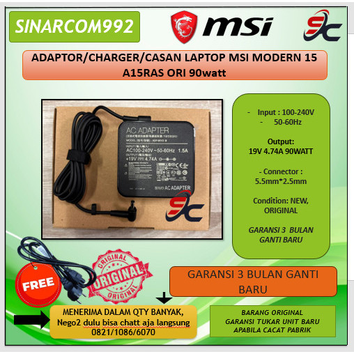 ADAPTOR/CHARGER/CASAN LAPTOP MSI MODERN 15 A15RAS ORI 90watt