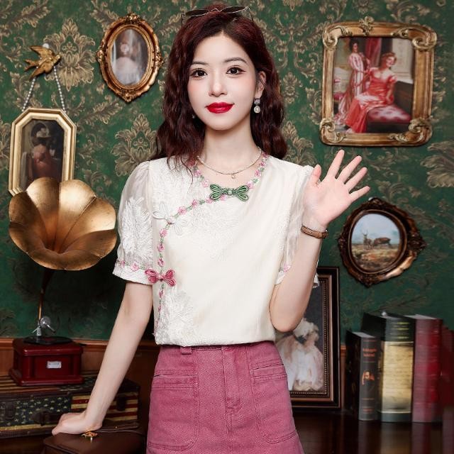 Kualitas Tinggi Wanita Sifon Bordir Lengan Pendek Atasan Blus Sifon Bunga Antik