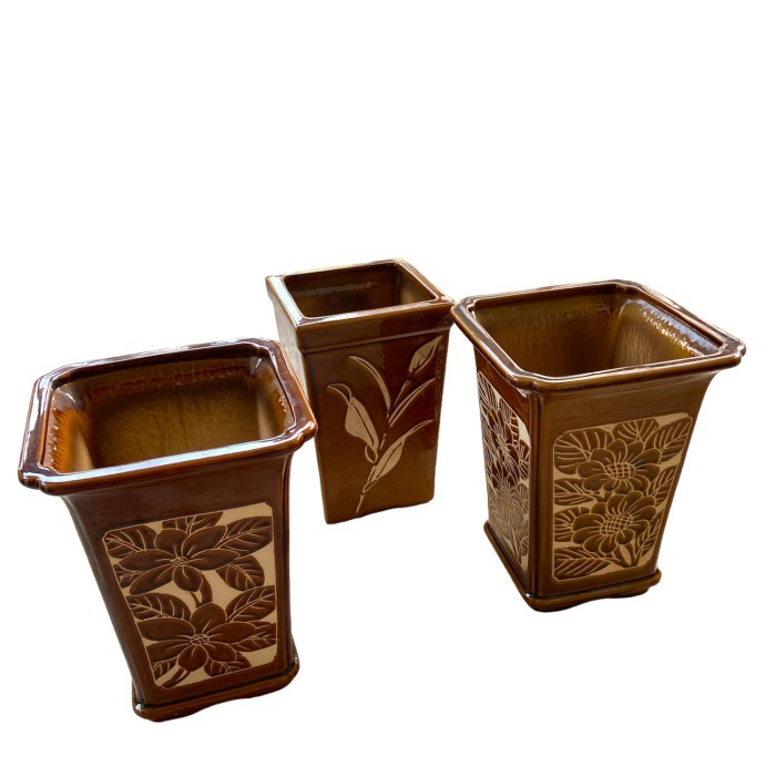 POT KERAMIK PORSELEN KOTAK TINGGI CORAK BUNGA CANTIK COKLAT