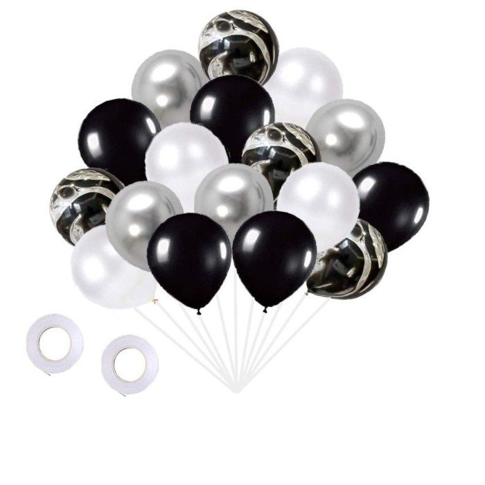 `````````] paket balon latex chrome silver 50 pcs black white birthday party boy