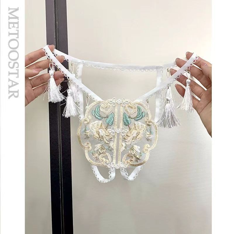 Celana Dalam Wanita, Celana Dalam Pinggang Rendah Wanita Tali Rongga Renda Bordir Rumbai