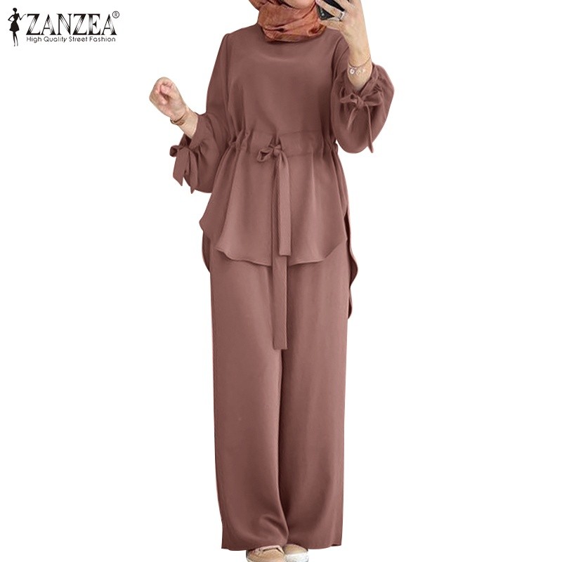 ZANZEA Pakaian Abaya Kasual Muslim Wanita Blus Lengan Panjang + Set Celana Panjang |by4emxnz|