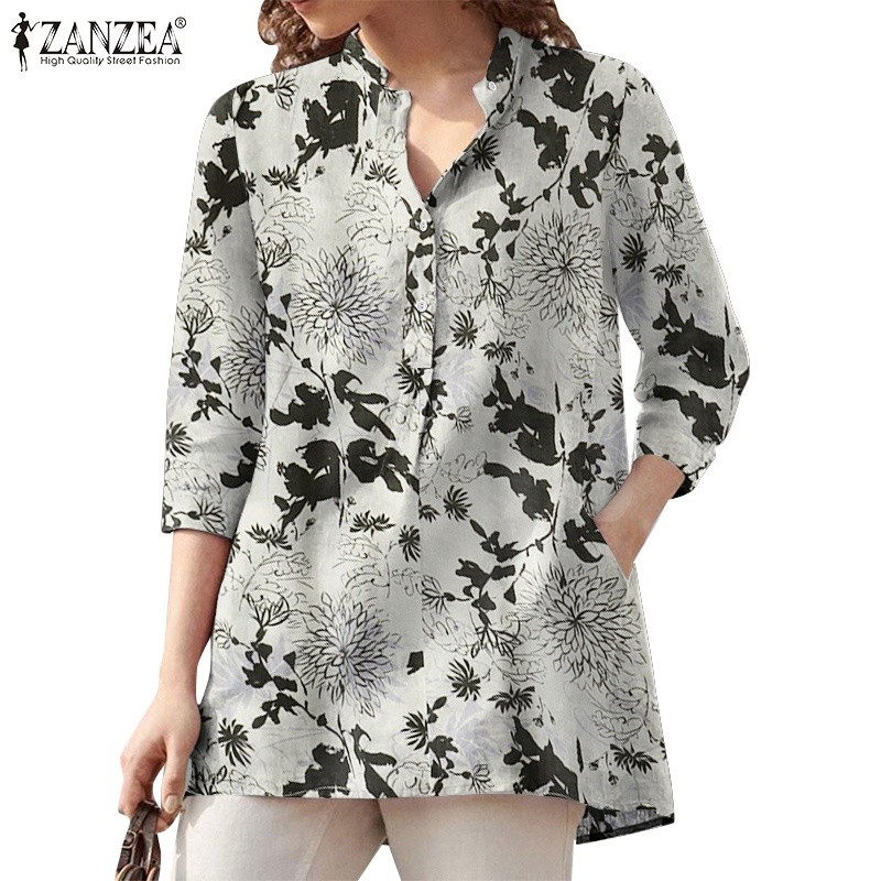 ZANZEA Wanita Lengan 3/4 Saku V-Neck Blus Motif Bunga |cPbIQbdI|