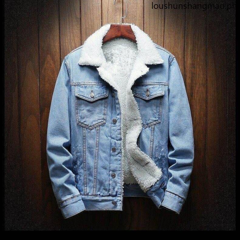 Obral Laris · Jaket Denim Bulu Domba Biru Muda Pria Musim Dingin Atasan Ramping Kasual Tebal |m0hDz6