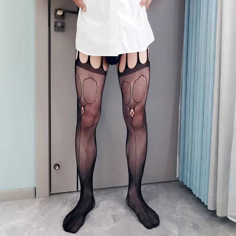 Stoking Panty Jaring Seksi Pria, Celana Dalam Selangkangan Terbuka Seksi