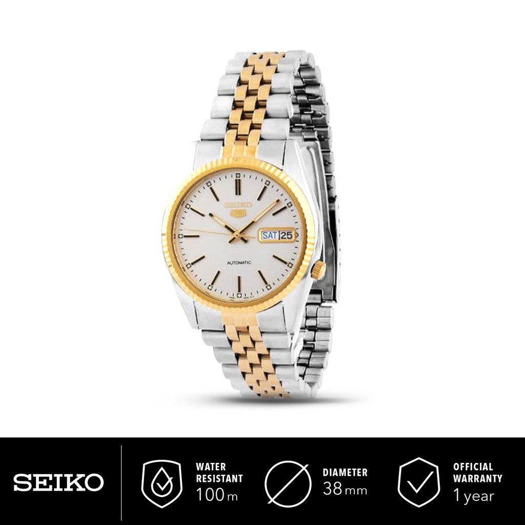 Jam Tangan Pria Seiko 5 SNXJ90K1 Automatic White Dial Two-Tone Stainless Steel SNXJ90 Original