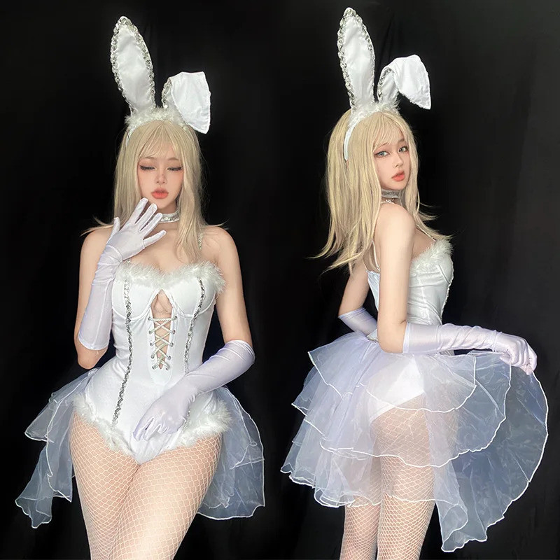 Anime Maid Cosplay Costume Women Sexy White Bodysuit Headwear Gloves Suit Bunny Girl Cute Party Unif