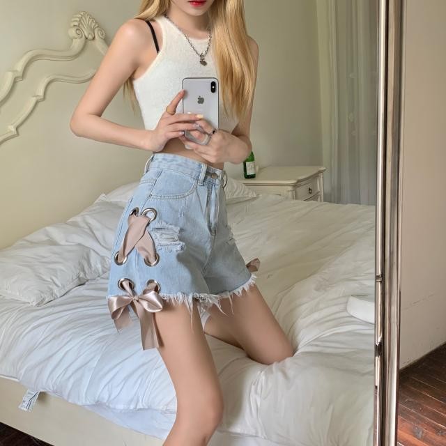 Internet celebrity ins High Waist Hot Girl Sexy Slimming Lace-up Denim Shorts