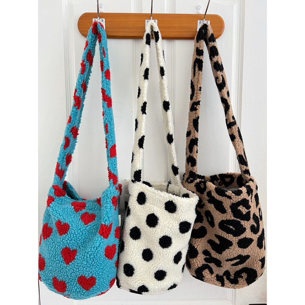 Tas Selempang Bulu Domba Antik Motif Macan Tutul, Tas Selempang Kartun Bunga