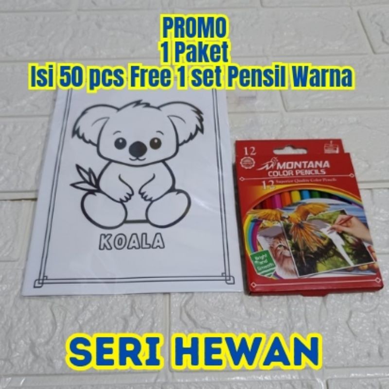 

PROMO MURAH BANGET Paket 50 Lembar Gambar /Kertas Gambar Mewarnai Anak Gratis 1 Set Pensil Warna - Ukuran A4 Tebal -Seri HEWAN