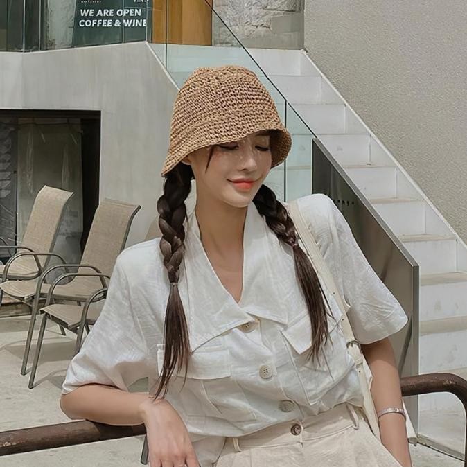 Caliloops Topi Bucket Hat Pantai Rajut Wanita Korea Lebar Sienna TP